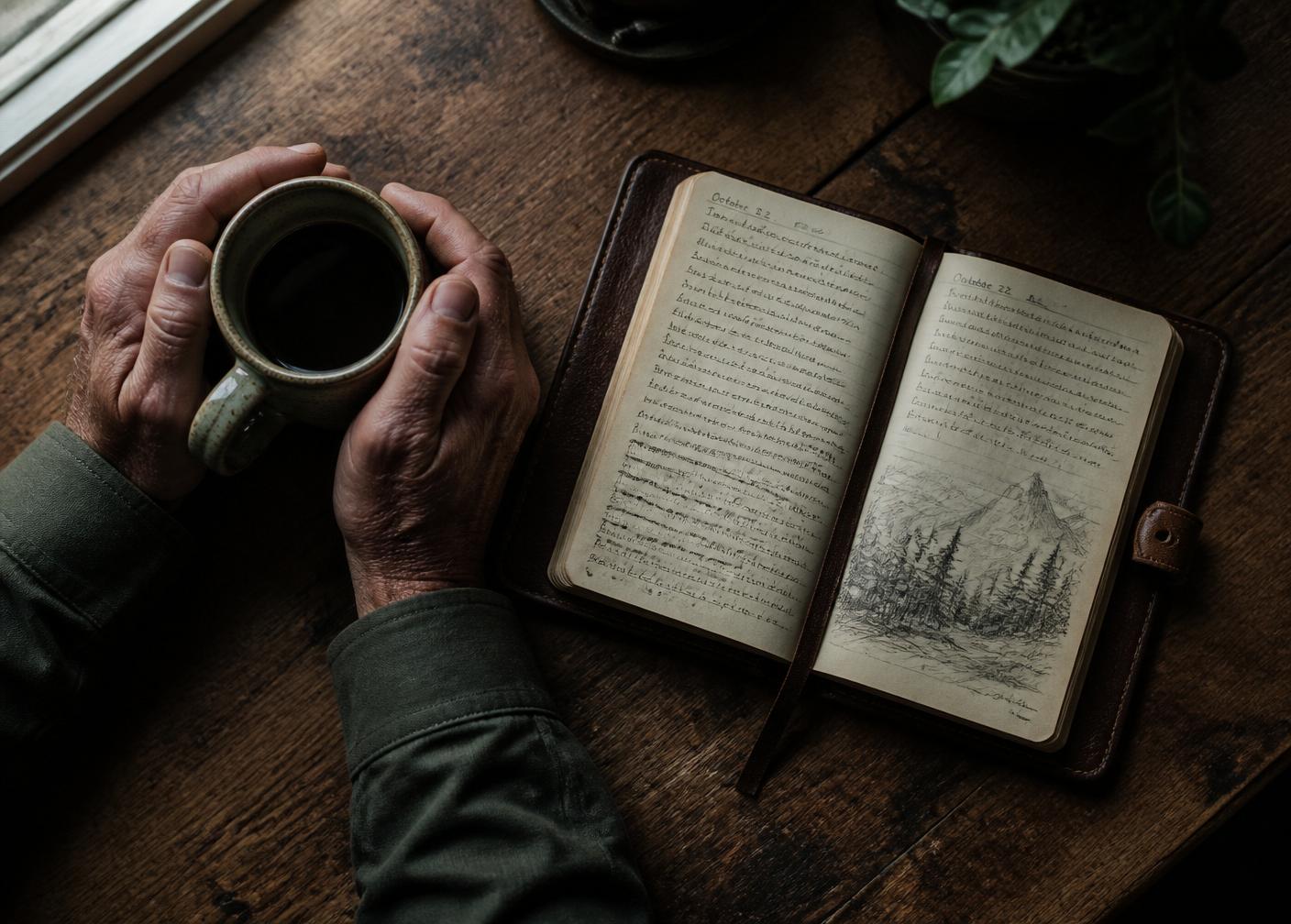 Hands holding coffee beside an open journal